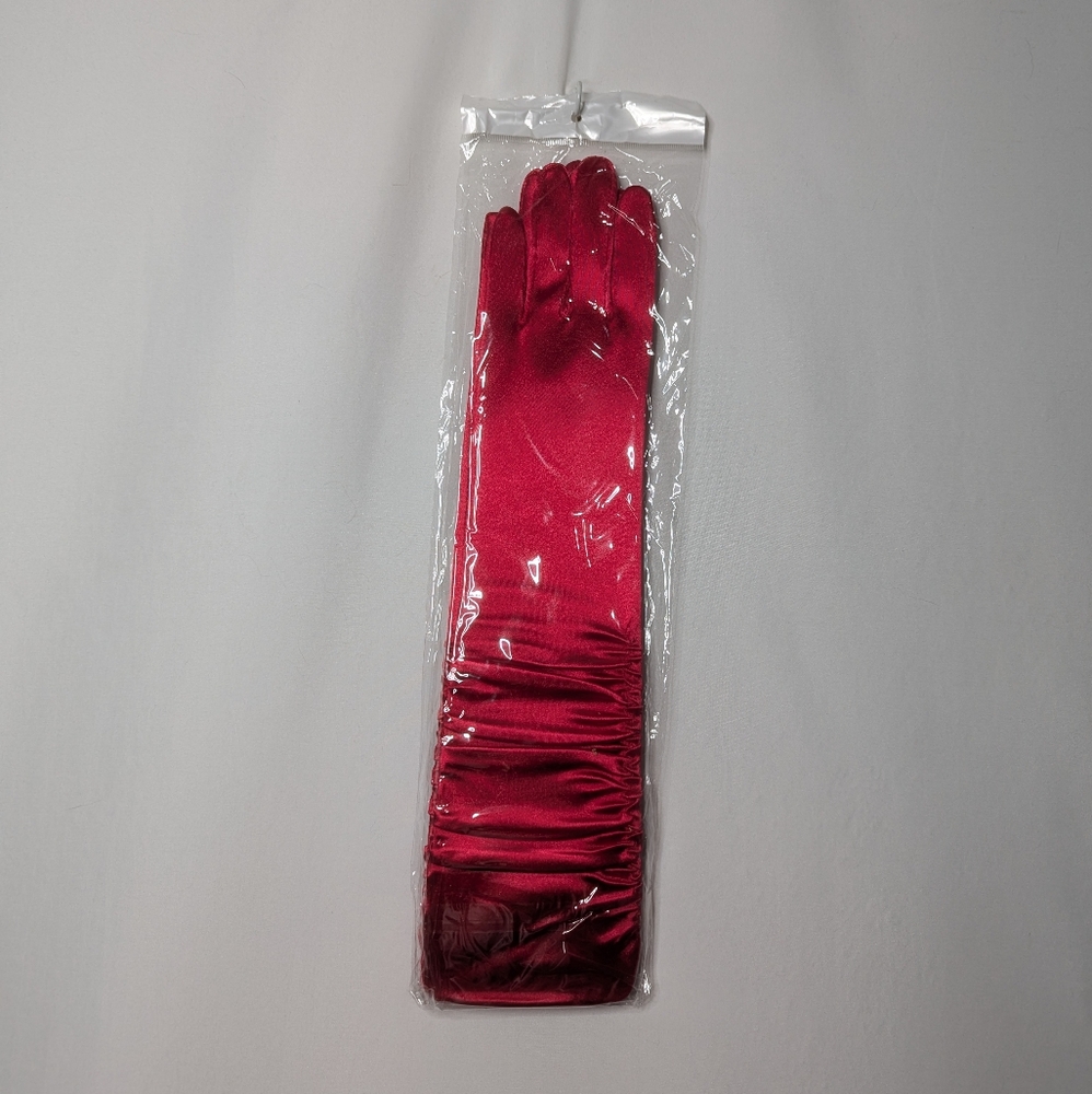 New Womens Red Semi Shiny Ruched Scrunched Satin Evening Gloves One Size